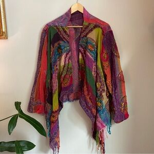 ANU 100% Wool Multicolor Fringed Asymmetrical Long Sleeve Cardigan Jacket S/M​